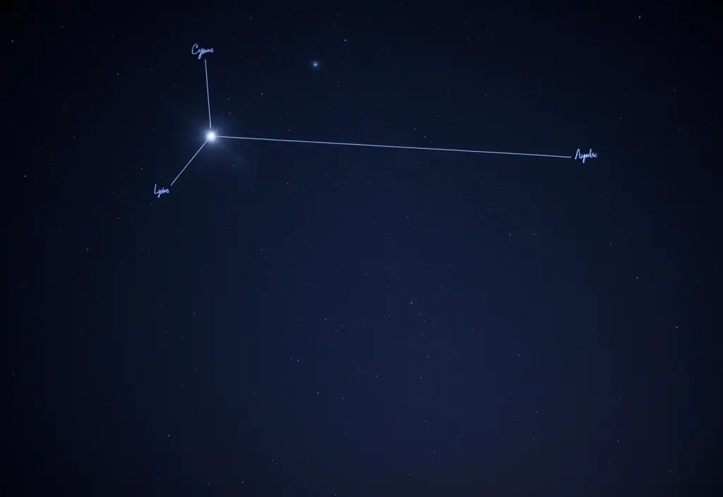 Das Sommerdreieck das Sterne aus drei verschiedenen Sternbildern verbindet und so den Unterschied zwischen Asterismus und Sternbild zeigt