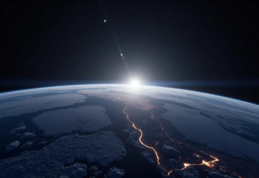 Die Erde aus dem All die gleichzeitig Polarlichter am Nord- und Südpol zeigt um den Unterschied zwischen Aurora Australis und Borealis zu verdeutlichen