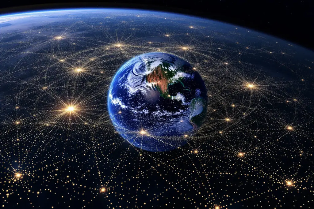 Die Erde umgeben von einem dichten Netz aus Lichtpunkten das die große Anzahl künstlicher Satelliten um die Erde darstellt