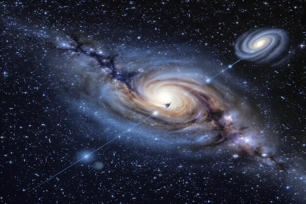 Die Milchstraße umgeben von ihren Satelliten die die Galaxien der Lokalen Gruppe zeigen