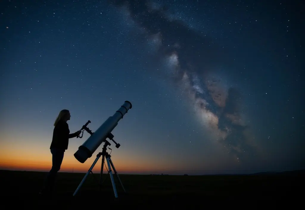 Ein Hobby-Astronom mit seinem Teleskop unter einem klaren Sternenhimmel