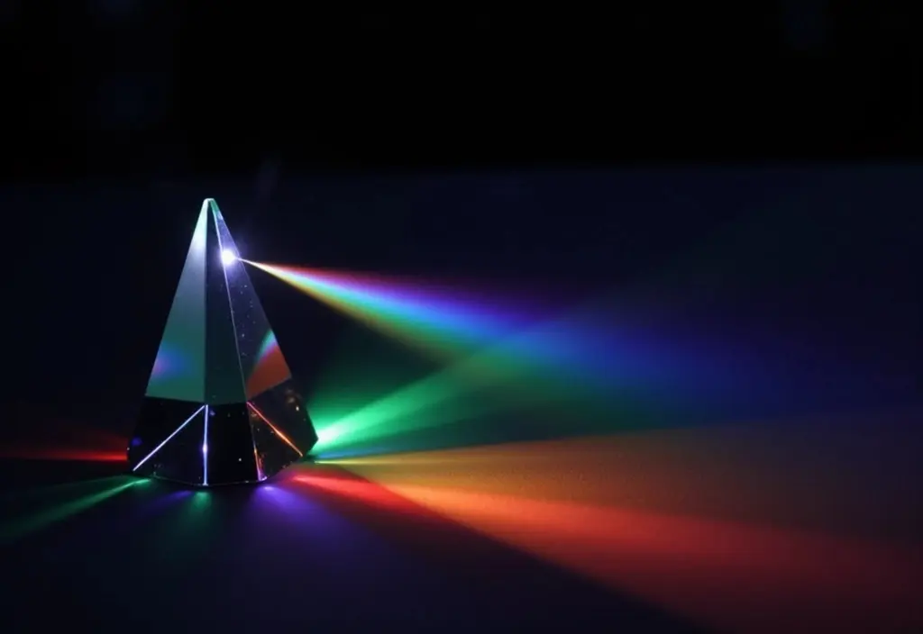 Ein Kristallprisma das einen weißen Lichtstrahl in das sichtbare Spektrum des Lichts aufspaltet