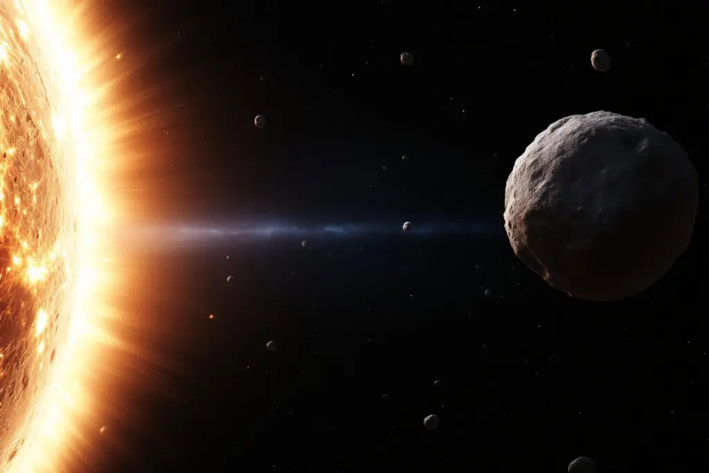 Ein Meteoroid der von einem Asteroiden abbricht was den Unterschied zwischen Asteroid und Meteoroid verdeutlicht
