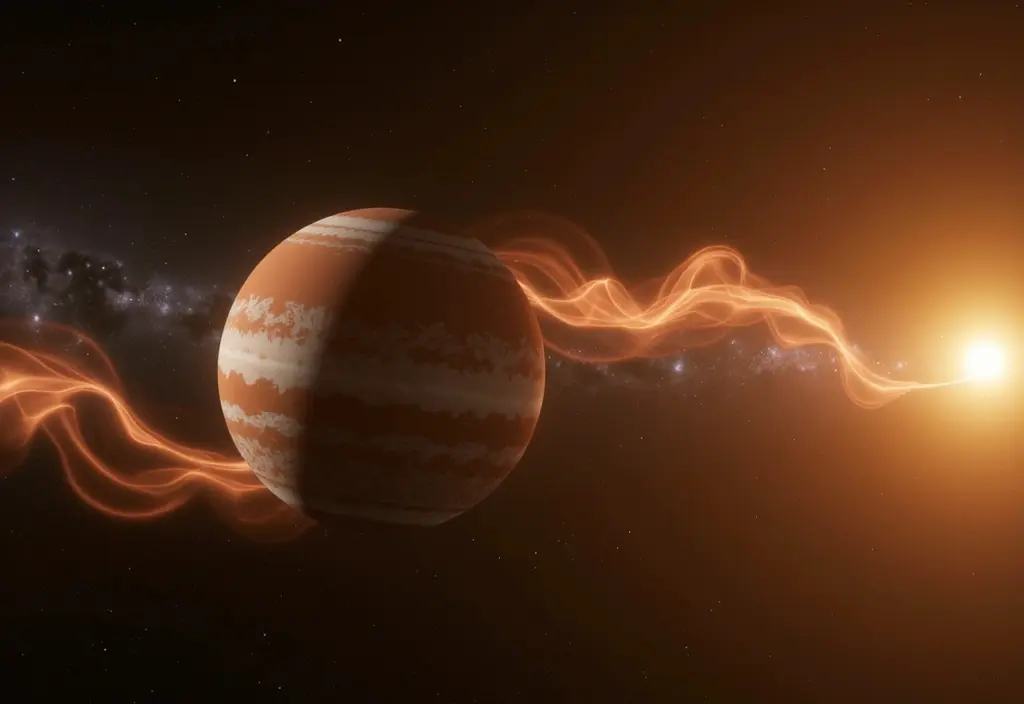 Ein Planet dessen Atmosphäre weggeblasen wird um den Einfluss von Sternenwind auf Planeten zu illustrieren