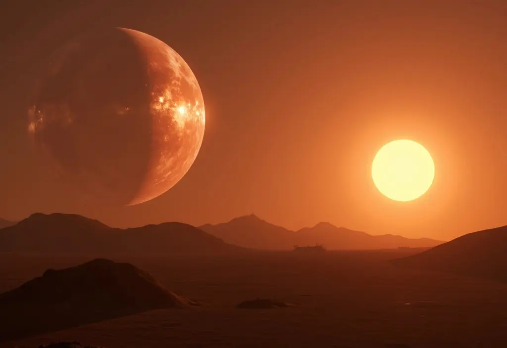 Ein Sonnenuntergang mit zwei Sonnen wie er auf Planeten in Doppelsternsystemen zu sehen wäre