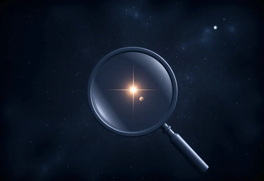 Ein Vergrößerungsglas vor Sternen das die verschiedenen Methoden zur Entdeckung von Exoplaneten symbolisiert