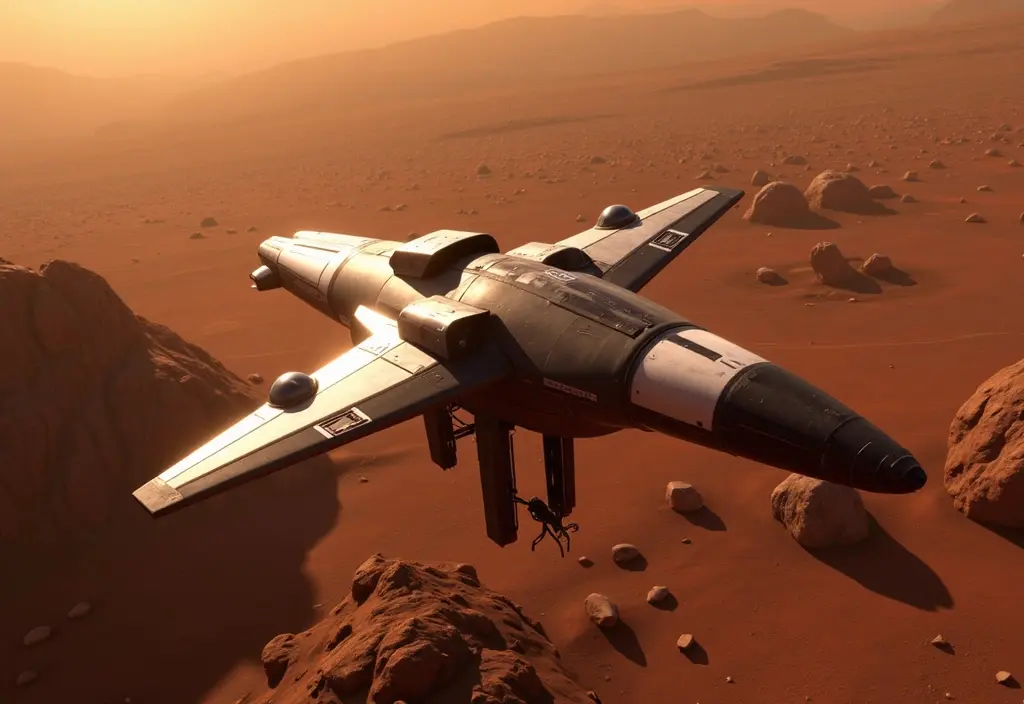 Ein futuristisches Raumschiff im Orbit um den Mars das eine geplante neue Weltraummission darstellt