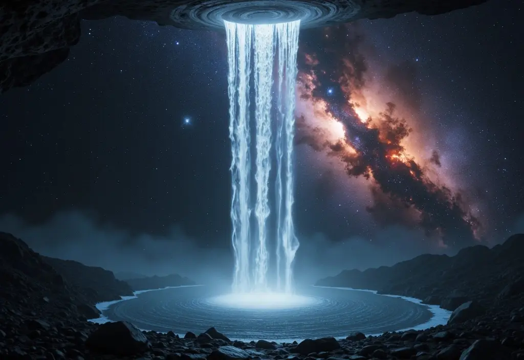 Ein kosmischer Wasserfall der zeigt dass nichts einem Schwarzen Loch entkommen kann sobald der Ereignishorizont überschritten ist