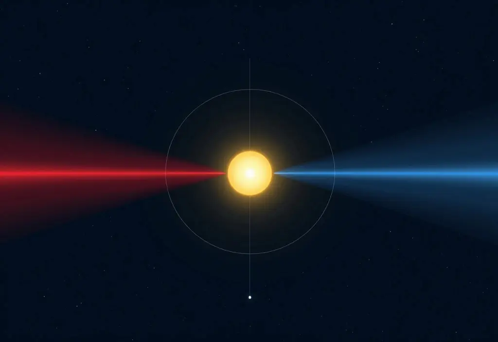 Eine Darstellung des Doppler-Effekts bei Sternenbewegung der die periodische Rot- und Blauverschiebung des Lichts zeigt