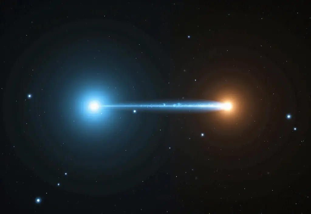 Eine Darstellung warum Blaue Nachzügler kosmische Vampire sind indem ein blauer Stern Materie von einem Begleiter stiehlt