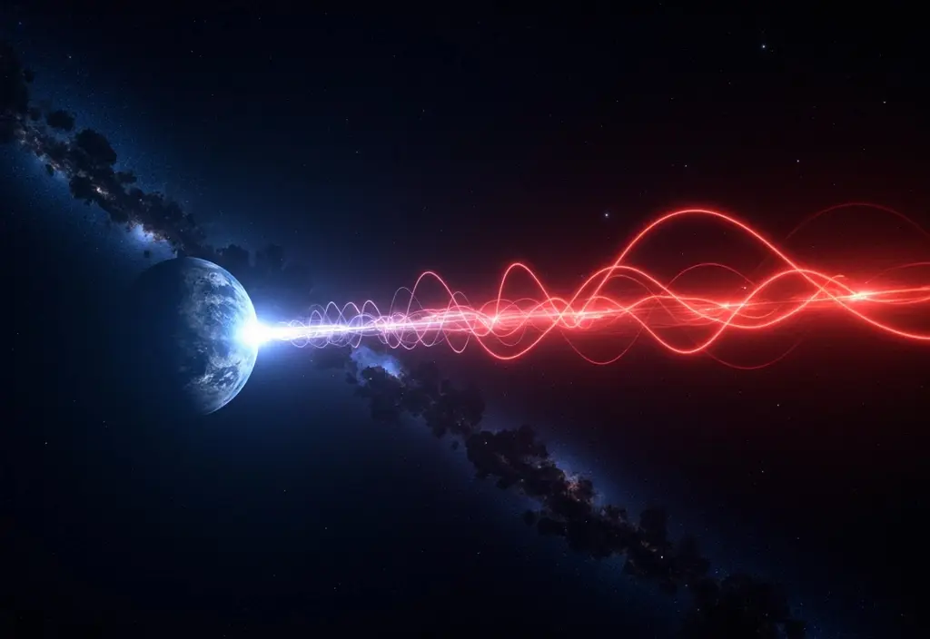 Eine Grafik der kosmologischen Rotverschiebung die durch die Expansion des Universums verursacht wird