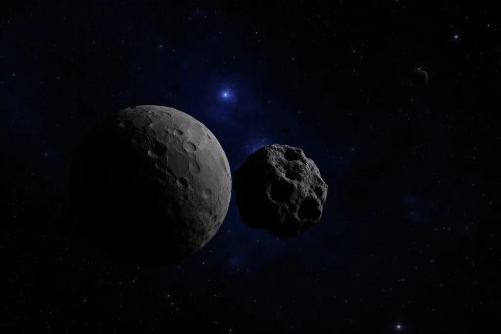 Eine Grafik die den Unterschied zwischen einem großen Asteroid und einem kleinen Meteoroid durch einen Größenvergleich zeigt