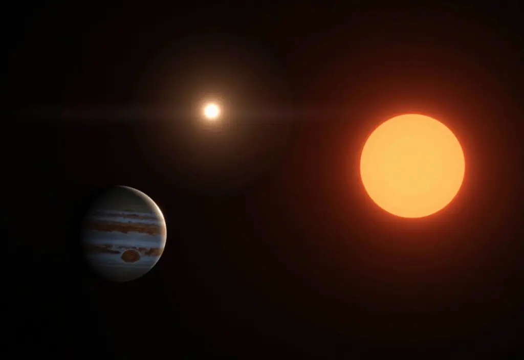 Eine Grafik die zeigt wie Sonne und Jupiter um das gemeinsame Baryzentrum des Sonnensystems kreisen