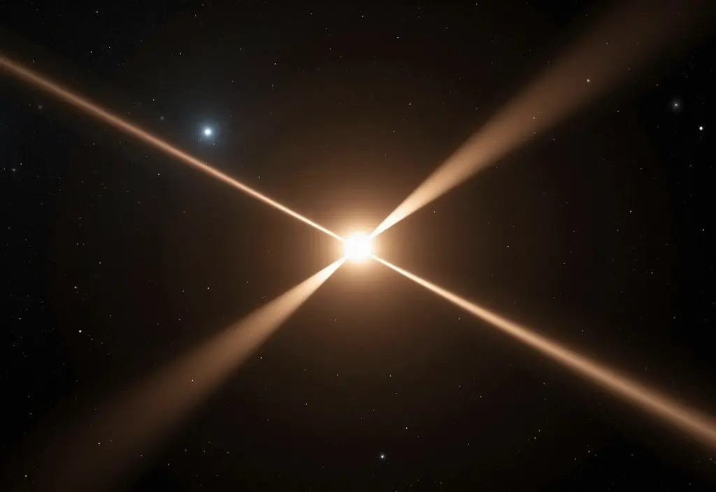 Eine Illustration der Funktionsweise eines Pulsars als rotierender Neutronenstern mit energiereichen Strahlen