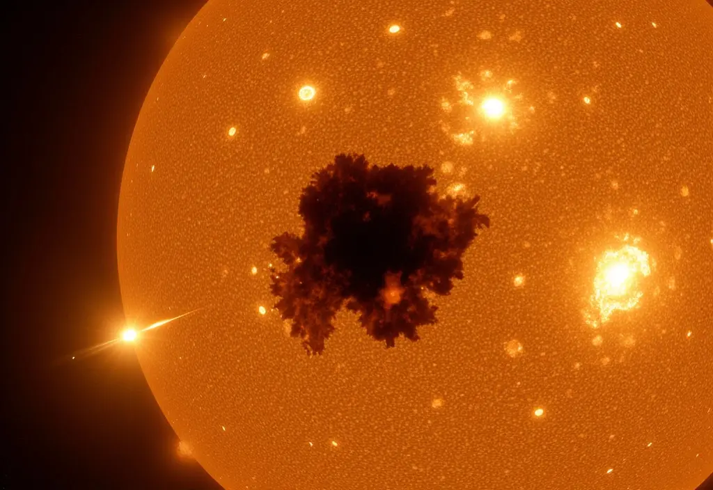 Eine Nahaufnahme die zeigt was Sonnenflecken sind dunklere kühlere Bereiche auf der Sonnenoberfläche