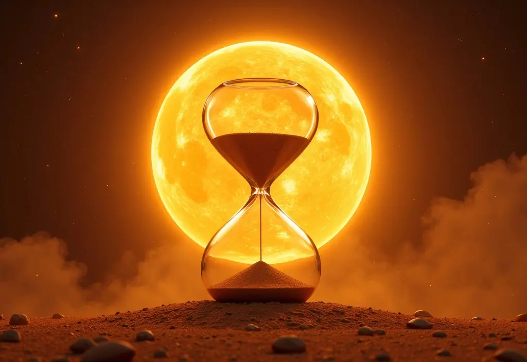 Eine Sonnenuhr als Sanduhr die zeigt wie lange die Sonne noch scheint indem sie ihre verbleibende Lebensdauer darstellt