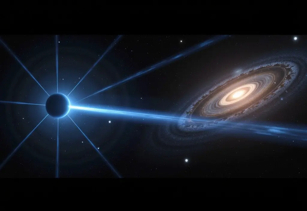 Eine Visualisierung der Blauverschiebung in der Astronomie bei der sich Lichtwellen eines sich nähernden Objekts stauchen