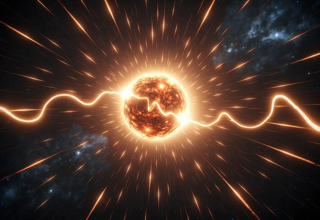 Eine Visualisierung des extremen Magnetfelds eines Magnetars dargestellt durch gewaltige leuchtende Feldlinien