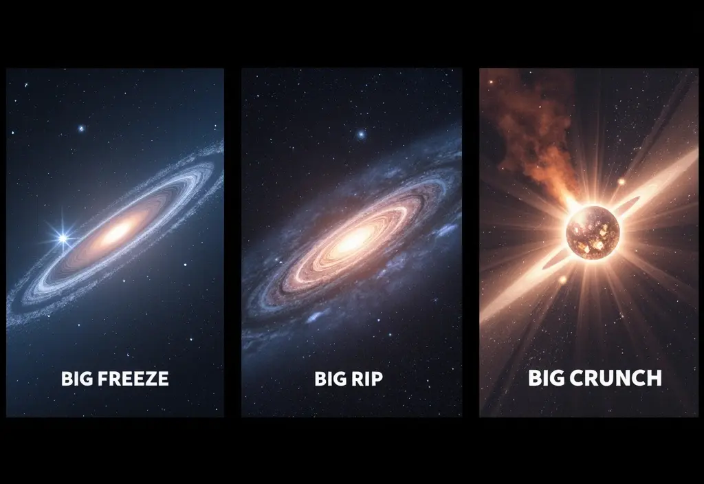 Eine dreiteilige Illustration die die möglichen Schicksale des Universums darstellt Big Freeze Big Rip und Big Crunch