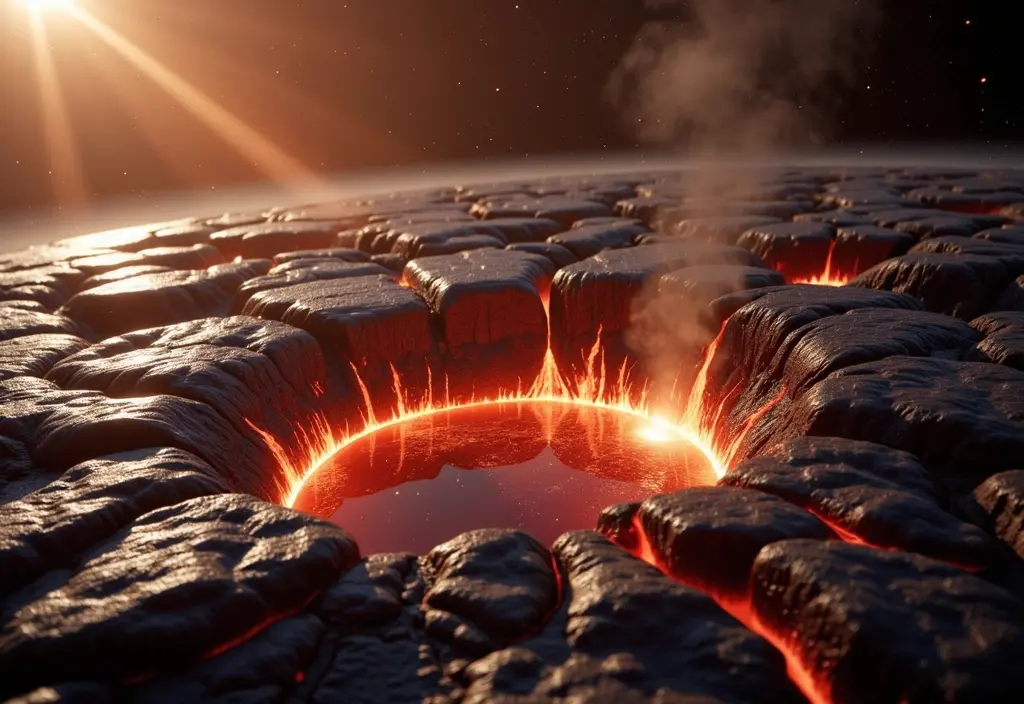 Eine felsige Planetenoberfläche mit Vulkanen und Wasser die die grundlegenden Bedingungen für Leben auf Gesteinsplaneten darstellt