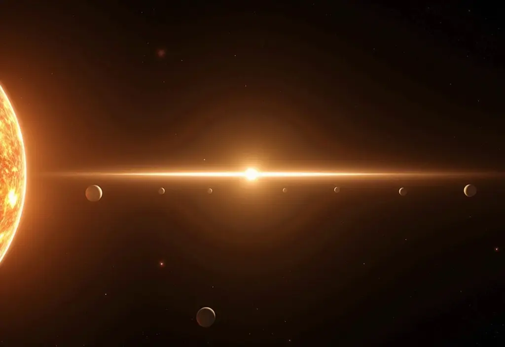 Eine leuchtende Scheibe auf der alle Planeten ihre Bahnen ziehen zur Darstellung der Ekliptik und Planetenbahnen