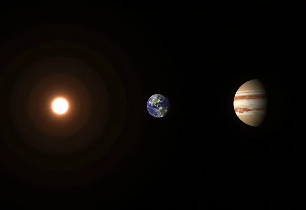 Eine lineare Anordnung von Sonne Erde und Jupiter die einen Planet in Opposition zur Sonne zeigt