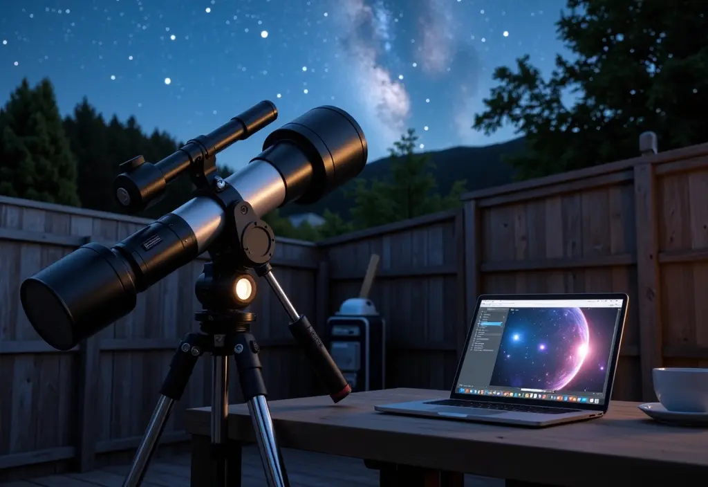 Eine moderne Ausrüstung für die Astrofotografie die ein Teleskop mit angeschlossener Kamera zeigt