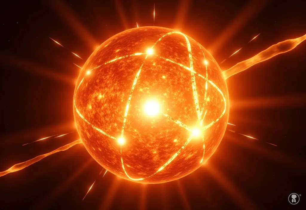 Eine symbolische Darstellung der Kernfusion im Inneren der Sonne bei der Wasserstoff zu Helium verschmilzt