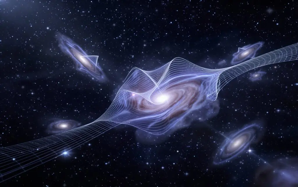 Galaxien die sich mit Schwerkraftwellen anziehen um zu zeigen wie Galaxienhaufen zusammenhalten