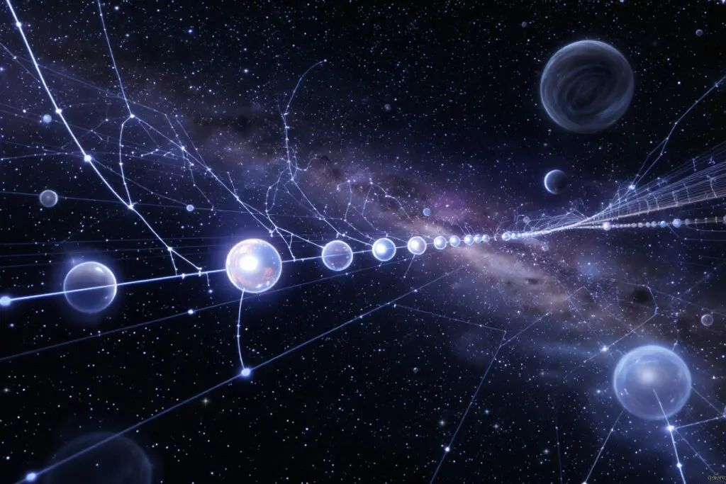 Galaxien die wie Perlen auf unsichtbaren Fäden aufgereiht sind was galaktische Filamente im kosmischen Netz darstellt Galaxien die wie Perlen auf unsichtbaren Fäden aufgereiht sind was galaktische Filamente im kosmischen Netz darstellt