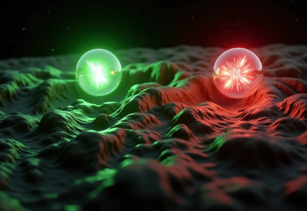 Leuchtende Atome in der Atmosphäre die durch Sonnenpartikel angeregt werden was die Entstehung der Polarlichter zeigt