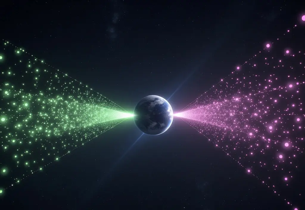 Sonnenwindpartikel die auf das Erdmagnetfeld treffen und die Atmosphäre zum Leuchten bringen was die Entstehung der Polarlichter zeigt