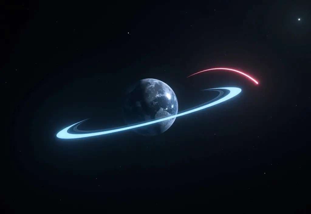 Zwei Pfade um einen Planeten die den Unterschied zwischen einem geschlossenen Orbit und einer offenen Trajektorie zeigen