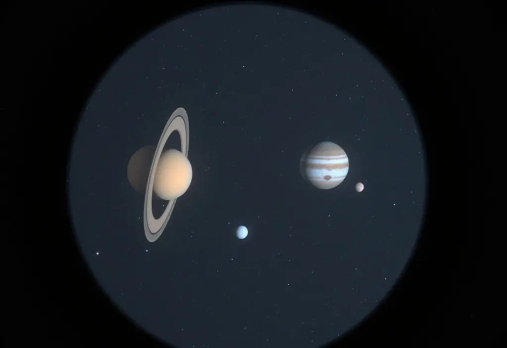 Zwei Planeten die durch ein Teleskop betrachtet werden und eng beieinander stehen was eine sichtbare Planetenkonjunktion ist