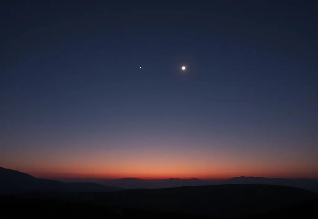 Zwei helle Planeten die eng beieinander am Abendhimmel stehen was eine sichtbare Planetenkonjunktion darstellt