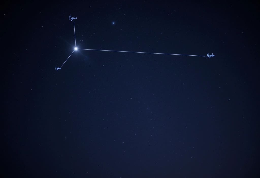 Das Sommerdreieck das Sterne aus drei verschiedenen Sternbildern verbindet und so den Unterschied zwischen Asterismus und Sternbild zeigt