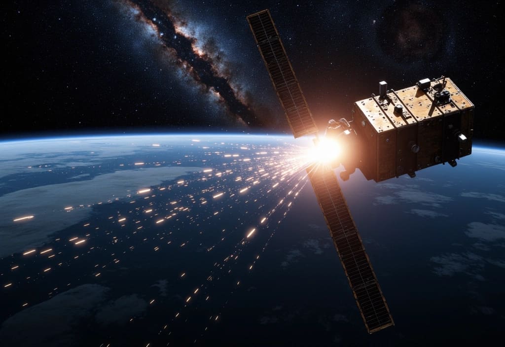 Ein Satellit der durch einen Sonnensturm beschädigt wird um die Gefahr von Sonneneruptionen für die Erde darzustellen
