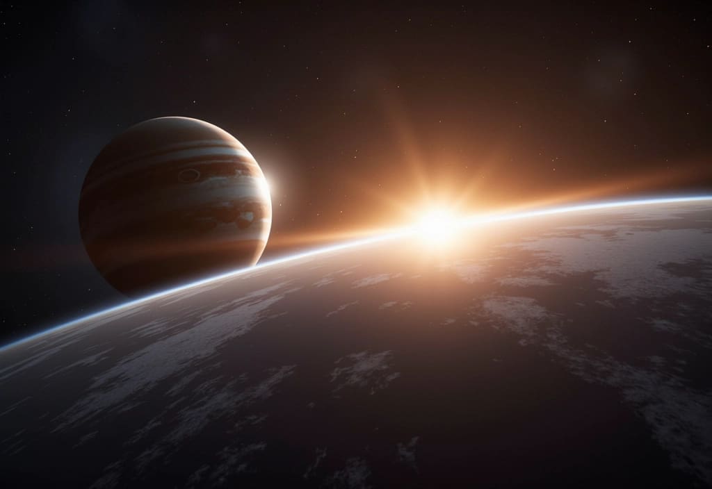 Ein heller Planet der am Nachthimmel aufgeht genau gegenüber der untergehenden Sonne was einen Planet in Opposition zur Sonne zeigt