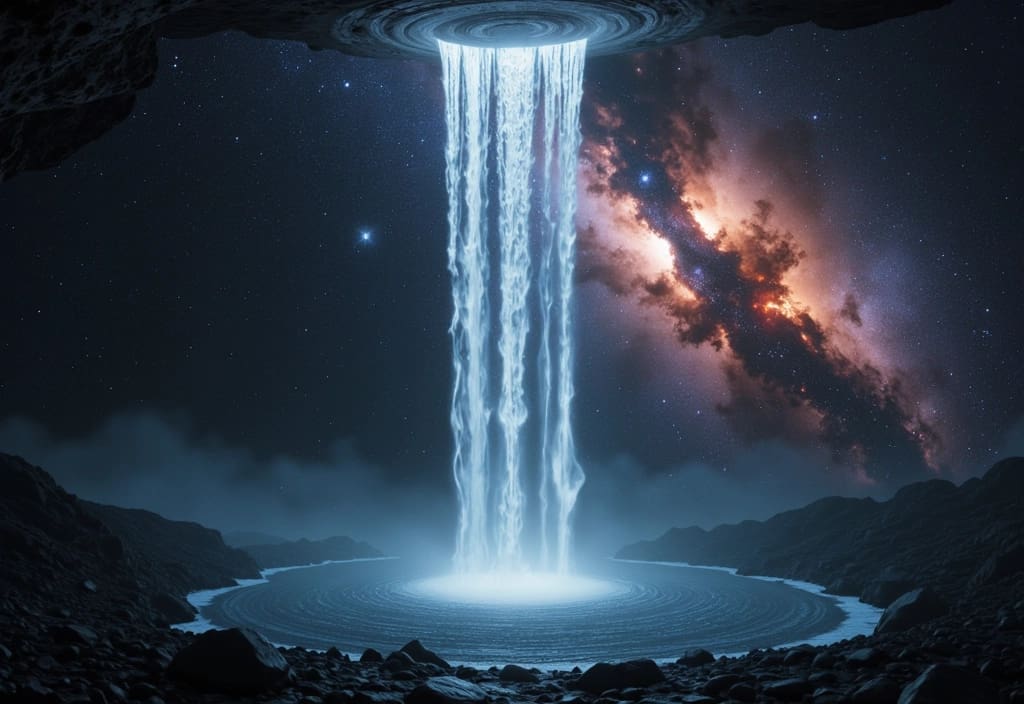 Ein kosmischer Wasserfall der zeigt dass nichts einem Schwarzen Loch entkommen kann sobald der Ereignishorizont überschritten ist