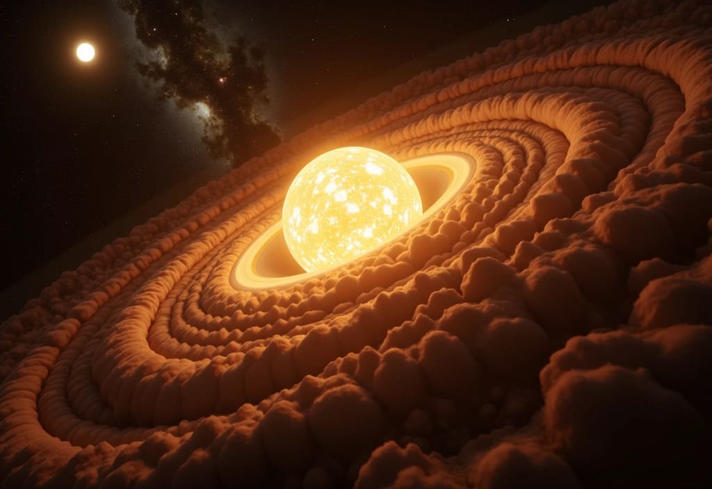 Ein leuchtender Kern umgeben von einer Staubscheibe der die Entstehung eines Protosterns aus Gaswolke darstellt