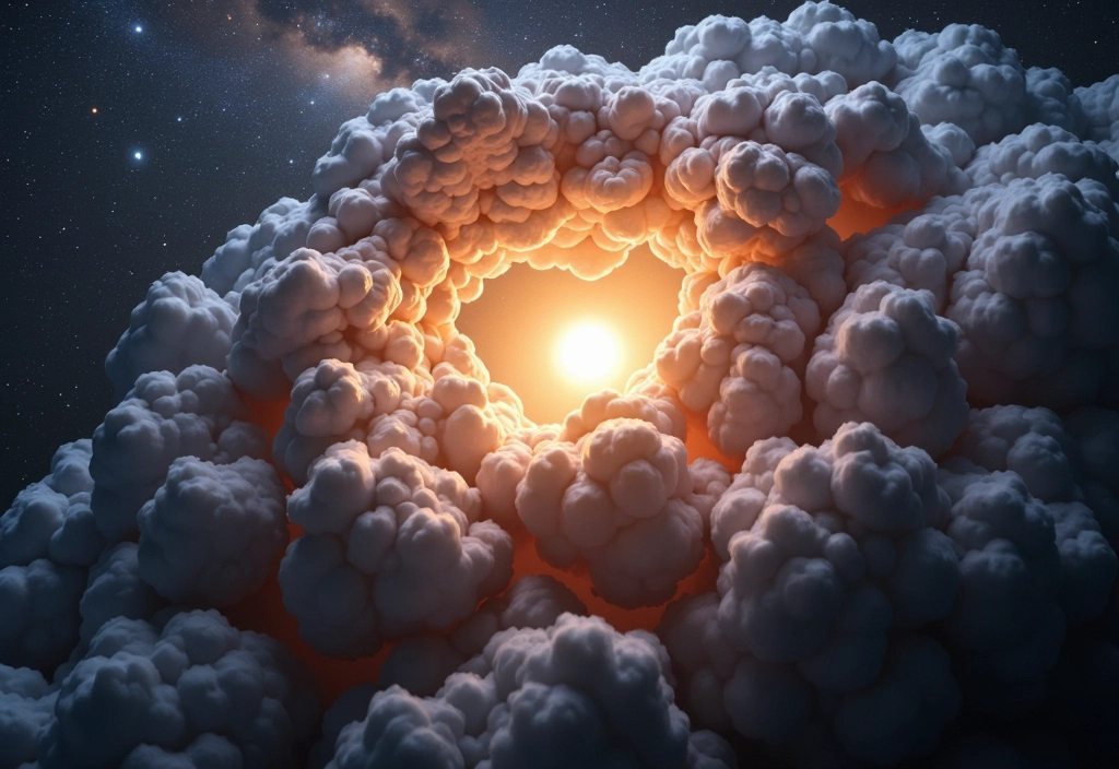 Eine Gaswolke die kollabiert und sich verdichtet was die Entstehung eines Protosterns aus Gaswolke darstellt