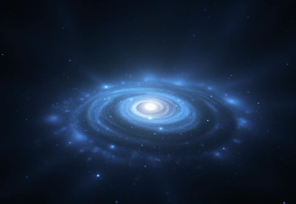 Eine gestauchte blaue Lichtwelle von einer sich nähernden Galaxie als Beispiel für die Blauverschiebung in der Astronomie