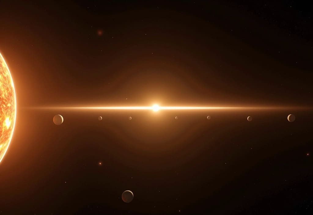 Eine leuchtende Scheibe auf der alle Planeten ihre Bahnen ziehen zur Darstellung der Ekliptik und Planetenbahnen