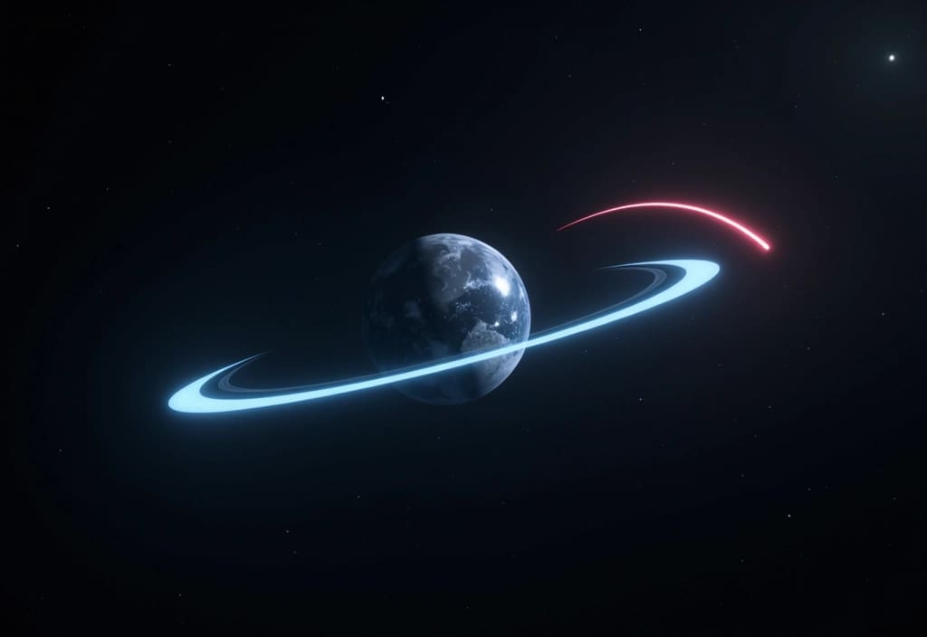 Zwei Pfade um einen Planeten die den Unterschied zwischen einem geschlossenen Orbit und einer offenen Trajektorie zeigen