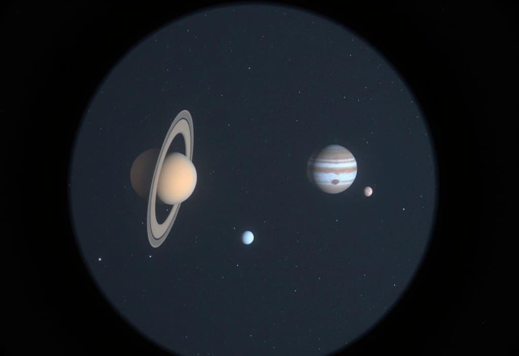 Zwei Planeten die durch ein Teleskop betrachtet werden und eng beieinander stehen was eine sichtbare Planetenkonjunktion ist